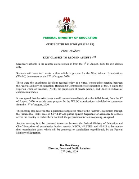 BREAKING: Schools to Reopen August 4th for Graduating Classes, WAEC Candidates Have 2 Weeks to Prepare for Exam