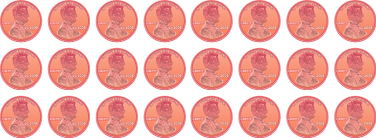 An image of 3 horizontal rows of pennies, each row containing 8 pennies.