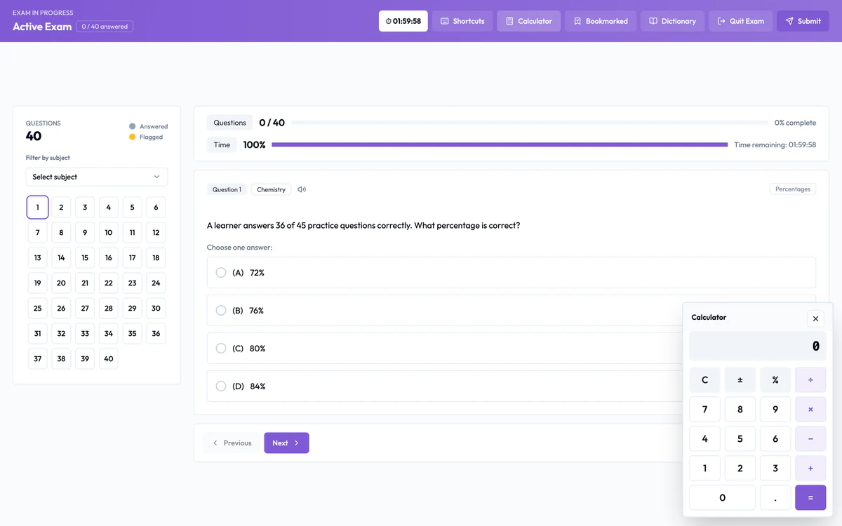 Calculator opened inside the Ulearngo UTME timed exam workspace