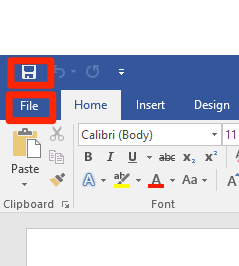 Zoom in on the file and save options on the top left of a blank microsoft word document. Both of the two options are surrounded by red boxes to help identify them.