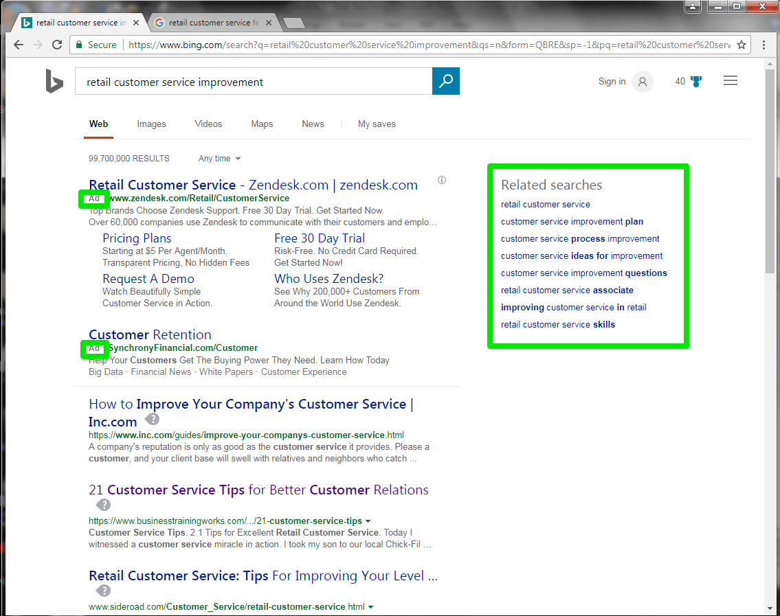 The Bing search engine is open, with a search for, "retail costumer service improvement" entered in the search box. A green box surrounds two of the search results showing that they are ads. On the right side of the page is another green box showing options to see other related searches.