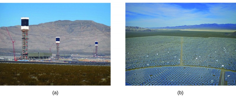 Two pictures are shown and labeled a and b. Picture a shows a thermal plant with three tall metal towers. Picture b is an arial picture of the mirrors used at the plant. They are arranged in rows.