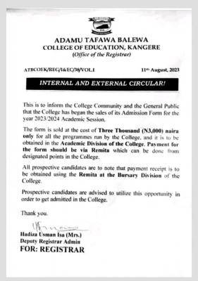 Adamu Tafawa Balewa College of Education (COE), Kangere Admission Form, 2023/2024