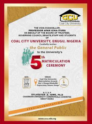 Coal City University 5th Matriculation Ceremony Schedule Announced