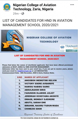 NCAT HND in Aviation Management Admission List Released, 2020/2021