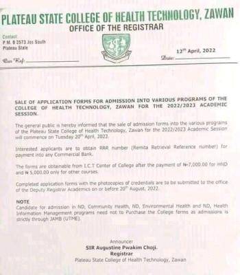 Plateau State College of Health Technology, Zawan (CHTZAWAN) Admission Form, 2022/2023