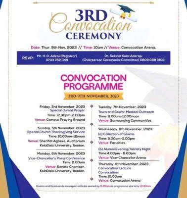 KolaDaisi University 3rd Convocation Ceremony: Schedule of Events
