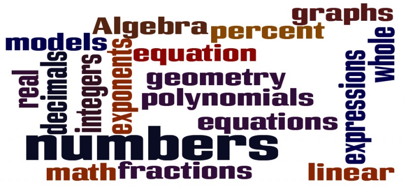 The image shows a collage of mathematical terms such as algebra, decimals, equations, numbers etcetera. The words are written horizontally, vertically, and in different colors.