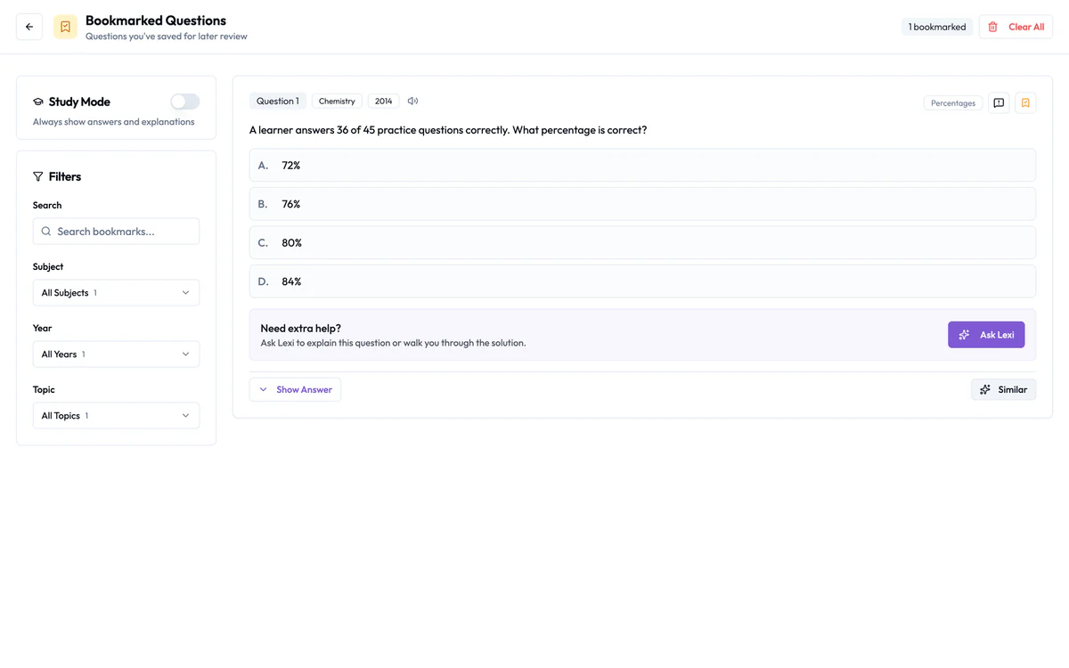 Bookmarked questions saved for later review in Ulearngo UTME