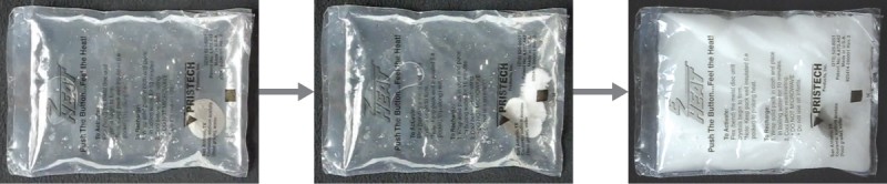 A series of three photos is shown. There are two right-facing arrows connecting one photo to the next. The first photo shows a chemical hand warmer. It is a bag that contains a clear, colorless liquid. There is a white disk located to the right inside the bag. The second photo shows the same thing, except the white disc has become a white, cloudy substance. The third photo shows the entire bag filled with this white substance.