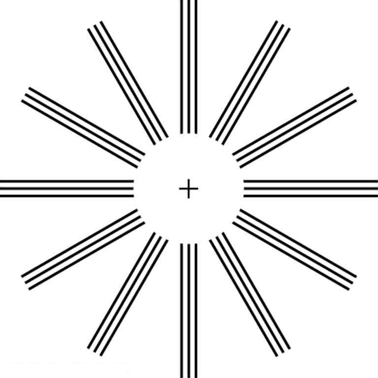 A circle without border and a cross sign in between. A wheel type structure is shown with parallel lines coming from the border of the circle.