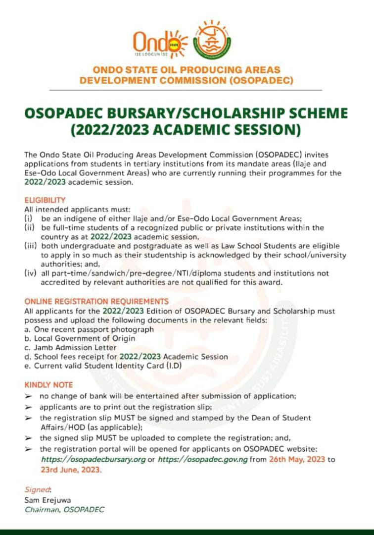 Ondo State Bursary and Scholarship Scheme for Indigenes, 2022/2023 Session