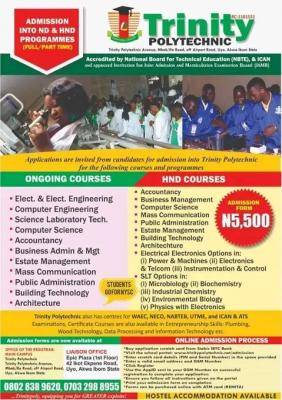Trinity Polytechnic Admission Form for ND and HND Programmes, 2023/2024