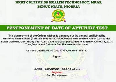 NKST College of Health Technology Postpones Aptitude Test