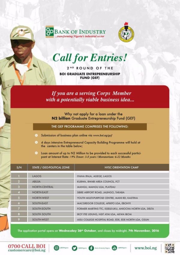 2016 Bank of Industry (BOI) Graduate Entrepreneurship Fund (GEF) for NYSC Members