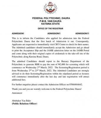 Fed Poly Daura Admission List Released for 2022/2023 Session