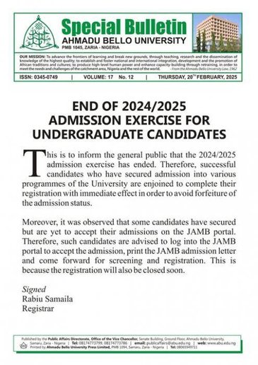 ABU notice on end of admission for 2024/2025 session