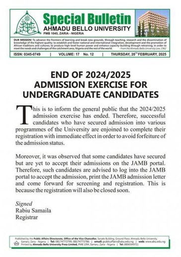 ABU notice on end of admission for 2024/2025 session