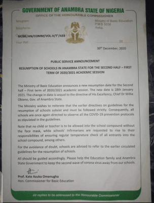 anambra state resumption notice