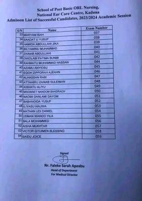 National Ear Care Centre Post Basic Nursing Admission List, 2023/2024