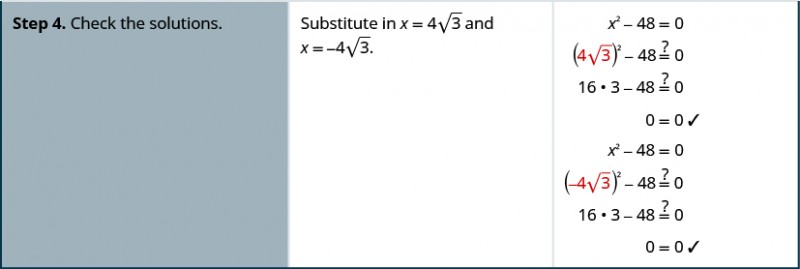 Step four, check the solutions by substituting each solution into the original equation. When x equals four square root of three, replace x in the original equation with four square root of three to get four square root of three squared minus 48 equals zero. Simplify the left side to get 16 times three minus 48 equals zero which simplifies further to zero equals zero, a true statement. When x equals negative four square root of three, replace x in the original equation with negative four square root of three to get negative four square root of three squared minus 48 equals zero. Simplify the left side to get 16 times three minus 48 equals zero which simplifies further to zero equals zero, also a true statement.