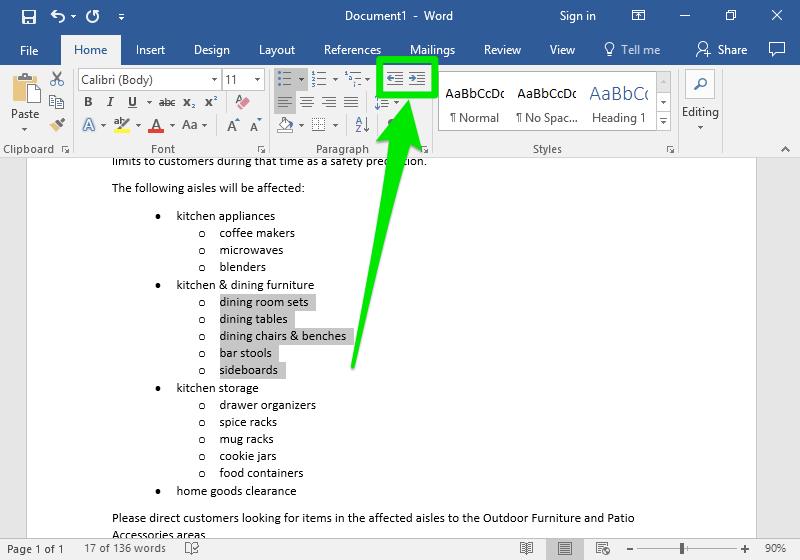 A microsoft word document is open with a section of text on it. A green arrow is pointing at the change list level menu.