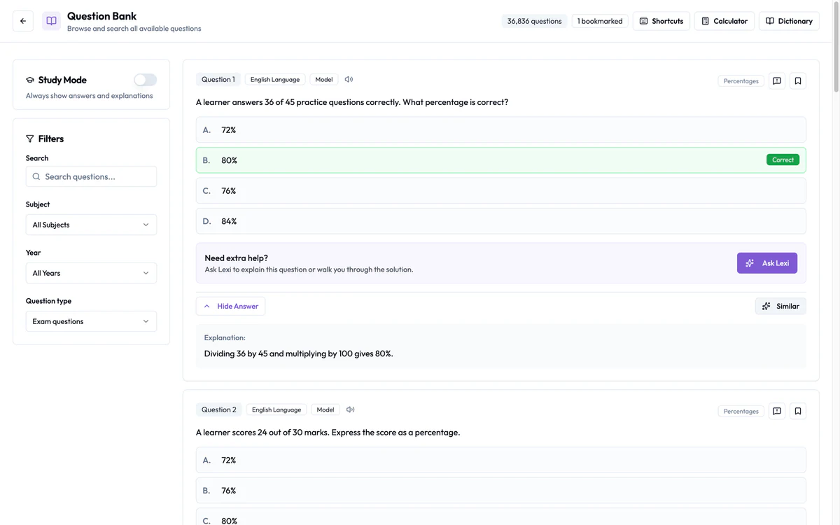 Ulearngo UTME question bank showing the Ask Lexi button beneath a practice question