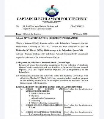 Captain Elechi Amadi Poly Matriculation Ceremony Announced