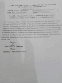 auchi poly hostel re-allocation