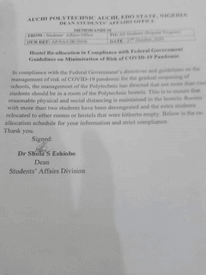 auchi poly hostel re-allocation