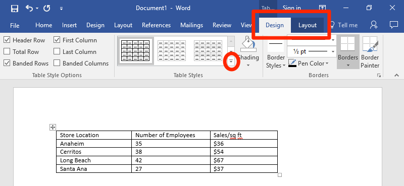 A Microsoft Word document is open with a table on it. The table has five different rows and two individual columns. A red rectangle surrounds the "Design" and "Layout" tabs on the ribbon menu.