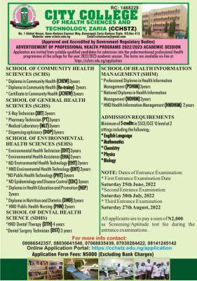 City College of Health, Zaria (CCHSTZ) Admission Form for 2022/2023