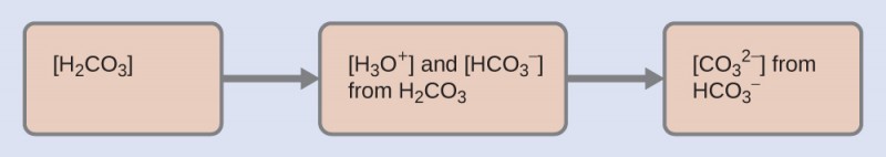 Four tan rectangles are shown that are connected with right pointing arrows. The first is labeled “left bracket H subscript 2 C O subscript 3 right bracket.” The second is labeled “left bracket H subscript 3 O superscript plus right bracket and left bracket H C O subscript 3 superscript negative right bracket from H subscript 2 C O subscript 3.” The third is labeled “left bracket C O subscript 3 superscript 2 negative right bracket from H C O subscript 3 superscript negative.”