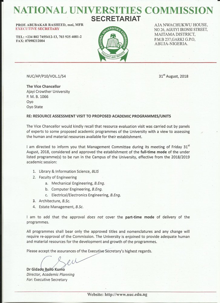 NUC Approves New Faculties and Programmes for Ajayi Crowther University