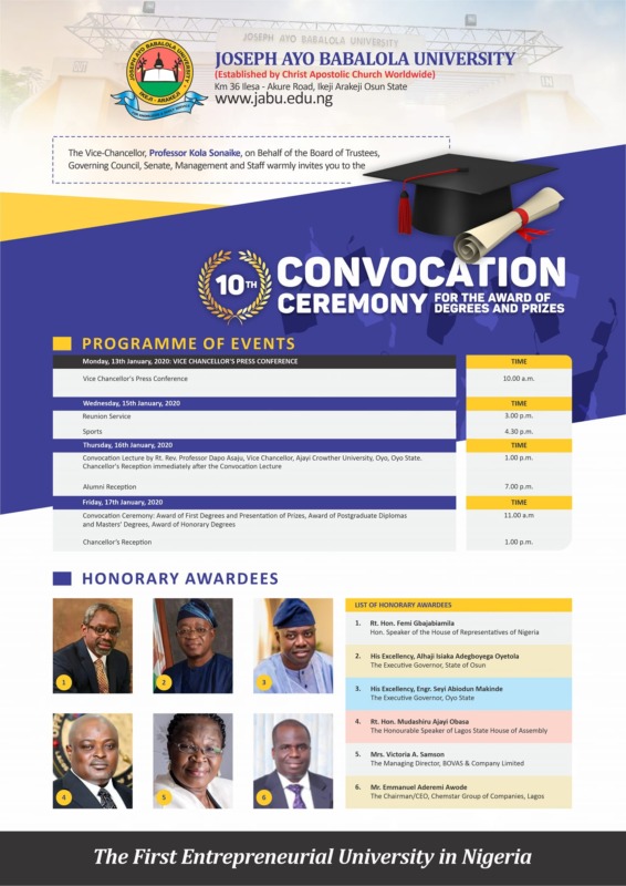 JABU 10th Convocation Ceremony Programme of Events