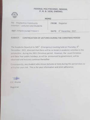 Fed Poly Nekede to Continue Lectures During Christmas Period, Releases Notice to Students