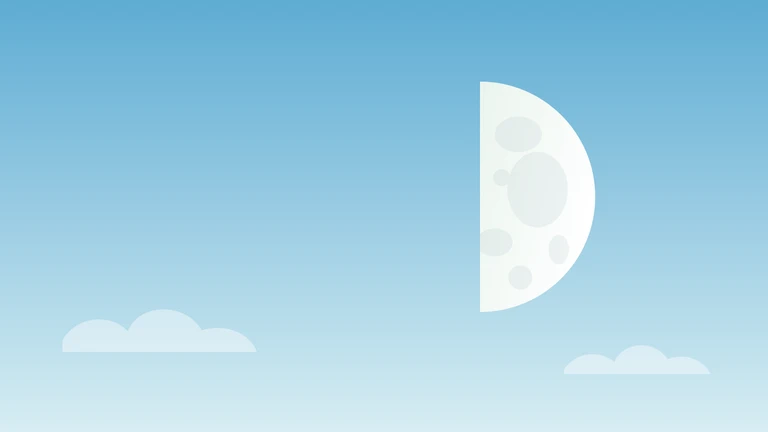 Illustration of a pale half Moon and soft clouds in a blue daytime sky.