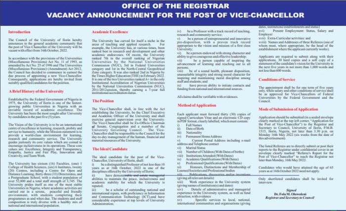 UNILORIN Vacancy for the Post of Vice-Chancellor