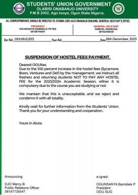 OOU SUG Issues Notice on Suspension of Hostel Fees Payment
