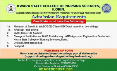 College of Nursing and Midwifery Ilorin Basic Nursing Admission Form, 2024/2025