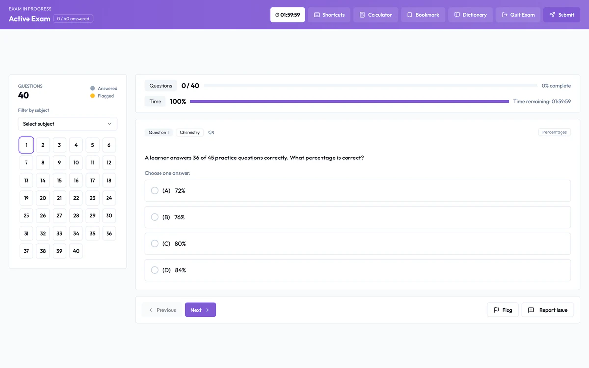 Ulearngo UTME timed exam workspace with question progress, timer and navigation controls