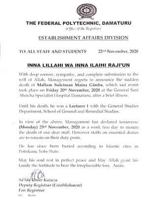 Fed Poly Damaturu Notice to Staff and Students