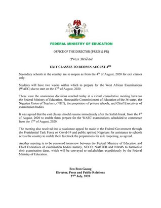 schools to reopen August 4 for graduating students
