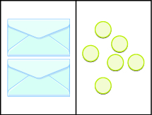 This image illustrates a workspace divided into two sides. The content of the left side is equal to the content of the right side. On the left side, there are two envelopes each containing an unknown but equal number of counters. On the right side are six counters.