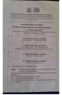 Kogi State Releases Modified Academic Calendar for 2019/2020 and 2020/2021 Sessions