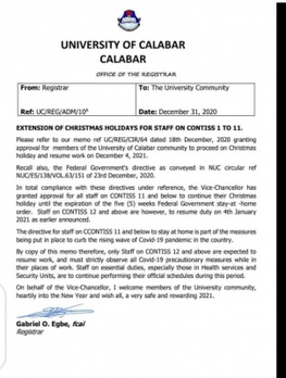 unical notice to staff