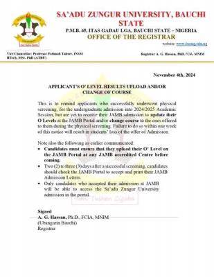 SAZU Notice on Uploading of O’level Results, Change of Course