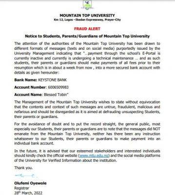 Mountain Top University Fraud Alert Notice on Payments