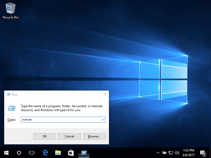 A dialog box called Run that has a text field called Open. In the Open text field is the word winver. The window has option buttons OK, Cancel, and Browse...