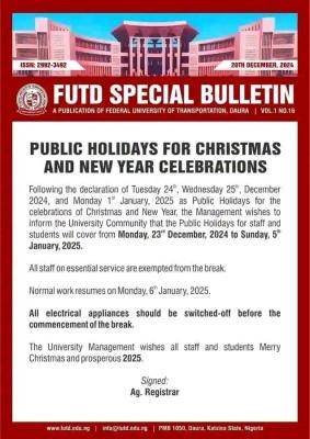 FUTD Announces End of Year Holidays, Resumption Date